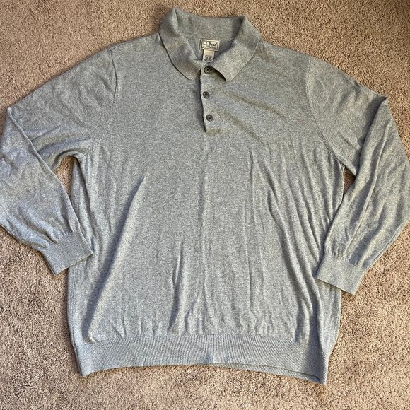 LL Bean Men's Cashmere Blend Sweater Gray Casual LS Polo Button Size XXL Reg - Picture 1 of 7